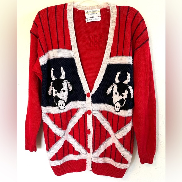 Vintage 80s Marisa Christina Hand Knitted Barnyard Farm Cow Scene Cardigan Sz M - Picture 1 of 14